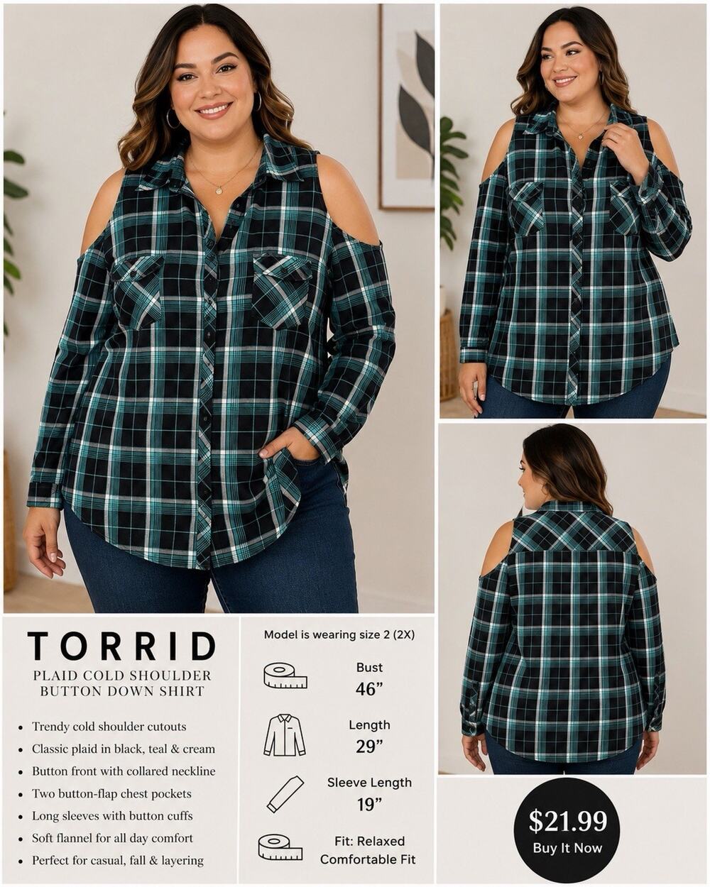 Torrid Women Button Up Shirt 2 Black Plaid Western Cold Shoulder Long Sleeve EUC